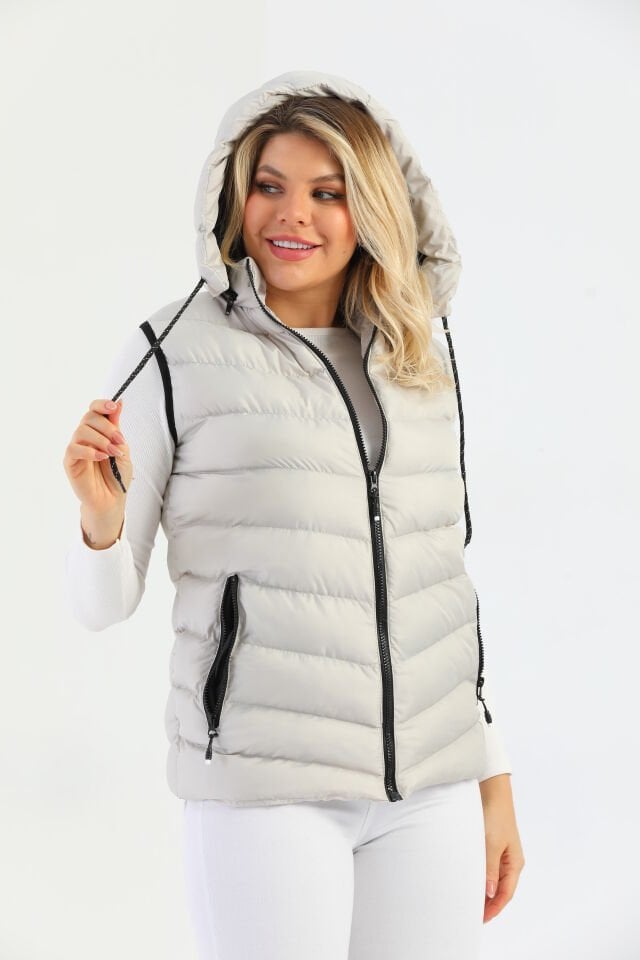 Kadın Jel Dolgu Çıkartılabilen Fermuarlı Kapüşon  İç Cepli Şişme Yelek