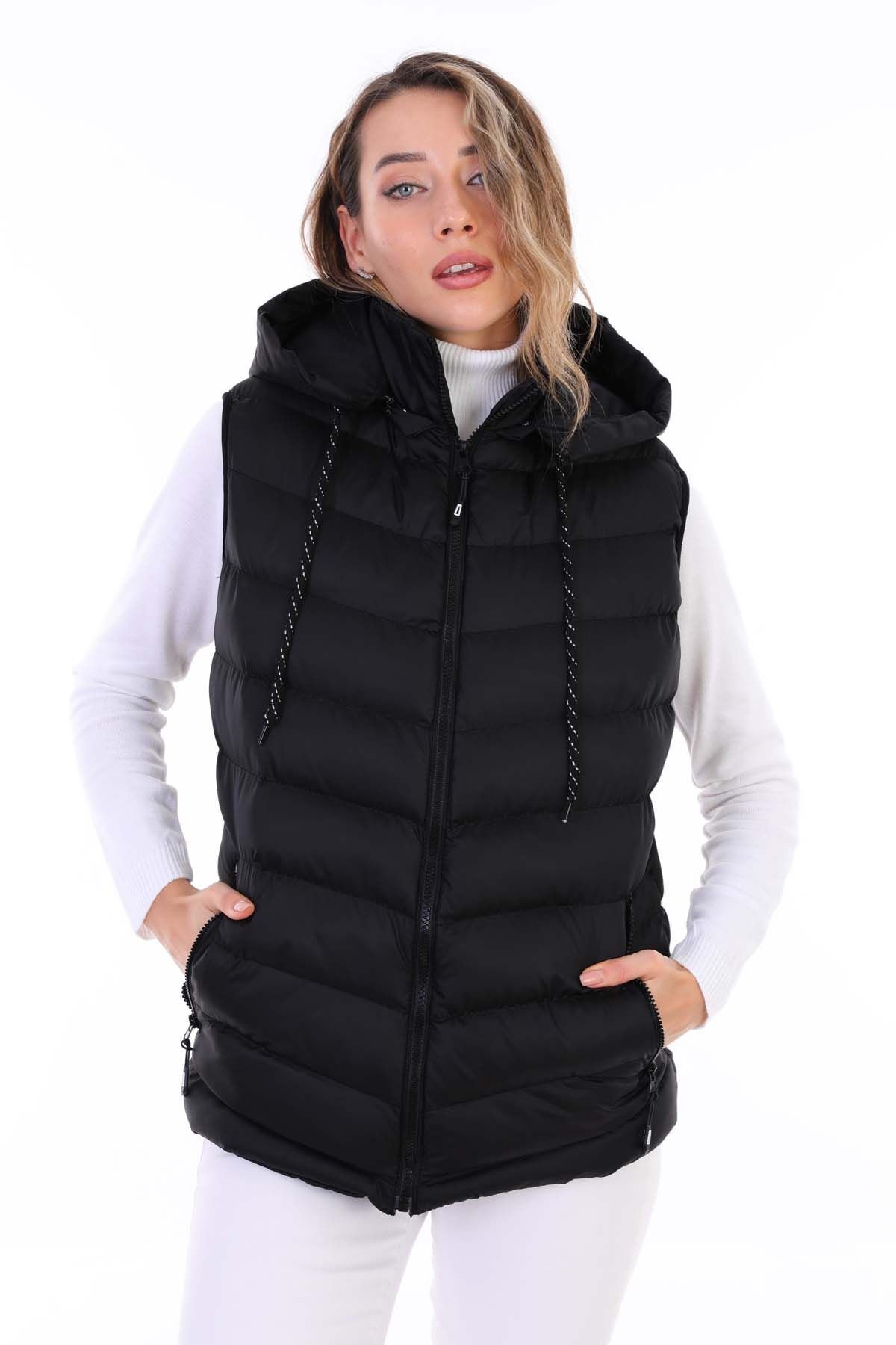 Kadın Jel Dolgu Çıkartılabilen Fermuarlı Kapüşon  İç Cepli Şişme Yelek