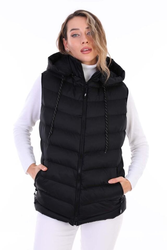 Kadın Jel Dolgu Çıkartılabilen Fermuarlı Kapüşon  İç Cepli Şişme Yelek