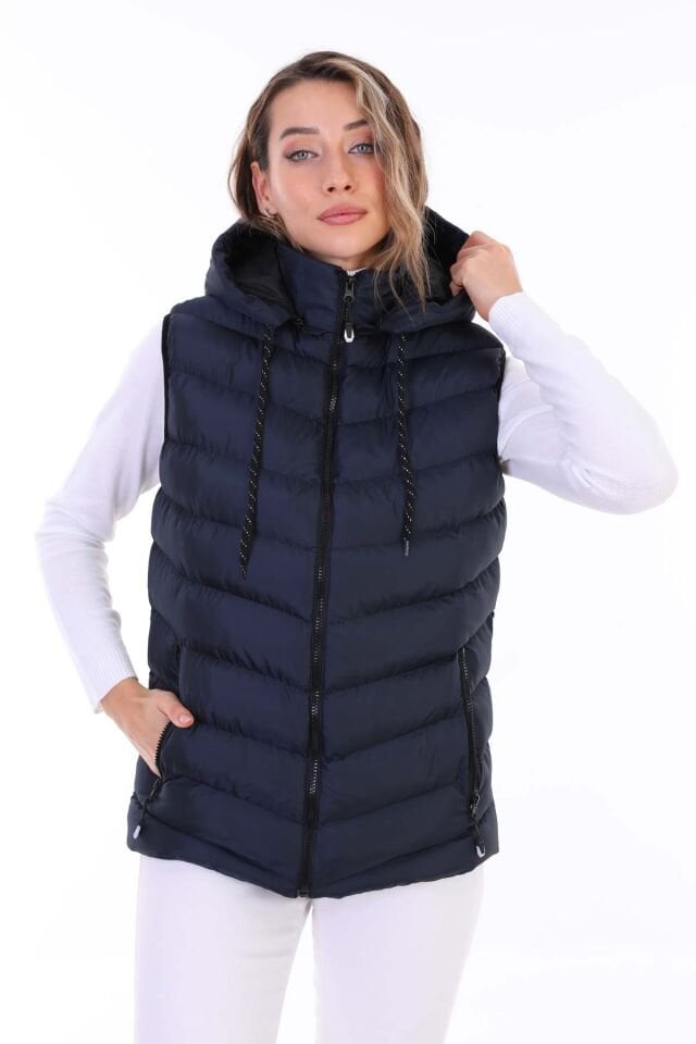 Kadın Jel Dolgu Çıkartılabilen Fermuarlı Kapüşon  İç Cepli Şişme Yelek