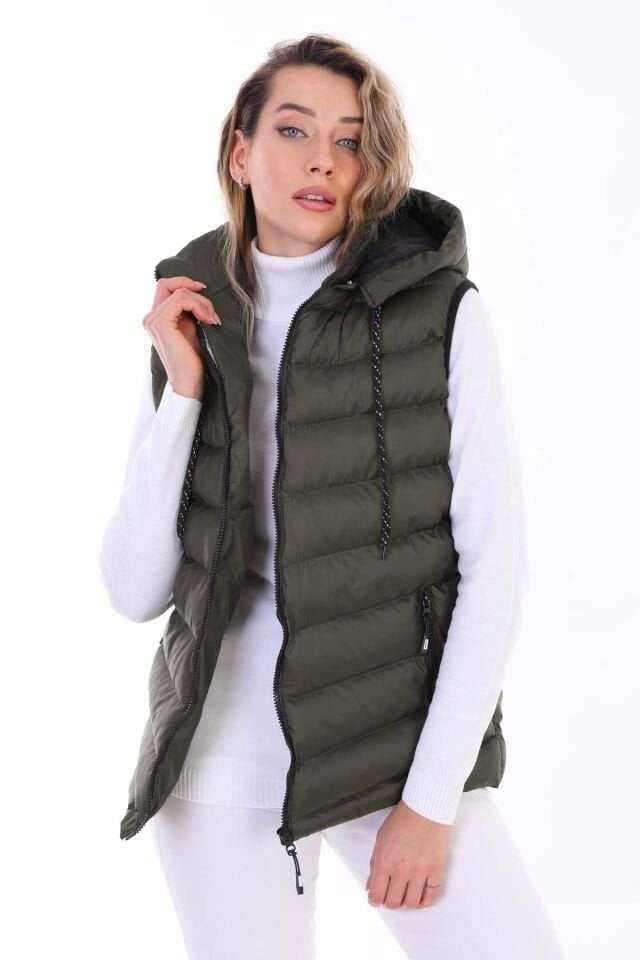 Kadın Jel Dolgu Çıkartılabilen Fermuarlı Kapüşon  İç Cepli Şişme Yelek