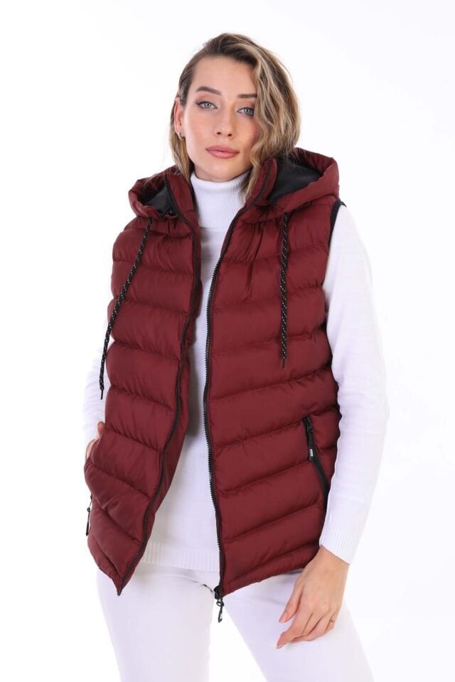 Kadın Jel Dolgu Çıkartılabilen Fermuarlı Kapüşon  İç Cepli Şişme Yelek