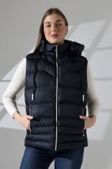 Kadın Silikon Dolgulu Çıkartılabilen Fermuarlı Kapüşon Astarlı İç Cepli Şişme Yelek