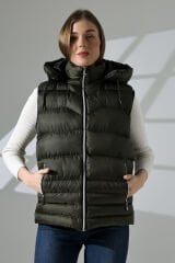 Kadın Silikon Dolgulu Çıkartılabilen Fermuarlı Kapüşon Astarlı İç Cepli Şişme Yelek