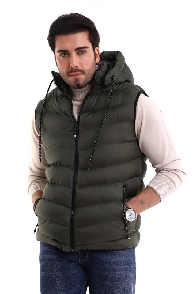 Erkek Jel Dolgulu Çapraz Çıkartılabilen Fermuarlı Kapüşonlu Şişme Yelek