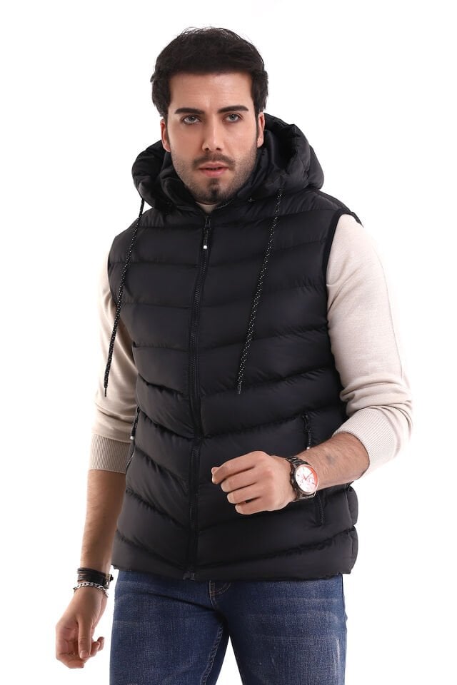 Erkek Jel Dolgulu Çapraz Çıkartılabilen Fermuarlı Kapüşonlu Şişme Yelek