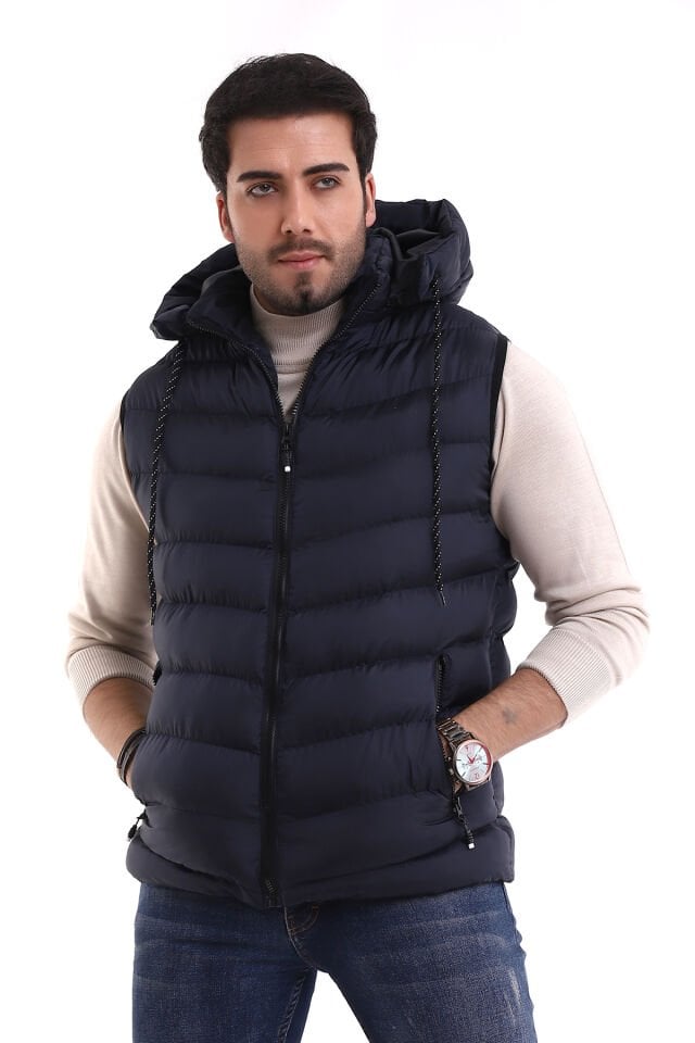 Erkek Jel Dolgulu Çapraz Çıkartılabilen Fermuarlı Kapüşonlu Şişme Yelek