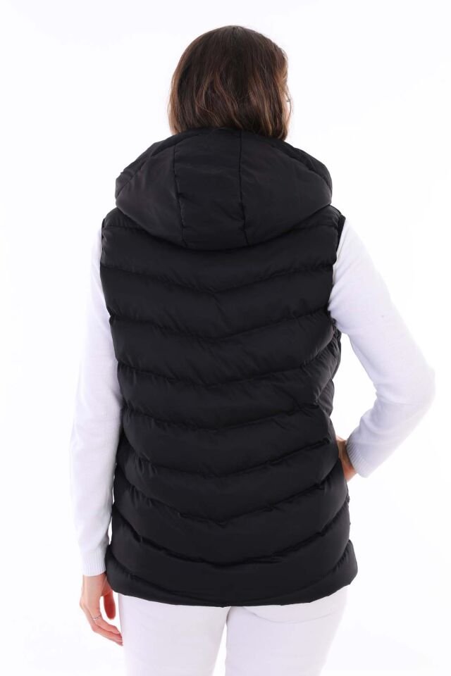 Kadın Jel Dolgulu Çıkartılabilen Fermuarlı Kapüşon Boydan Fermuarlı Şişme Yelek/Siyah