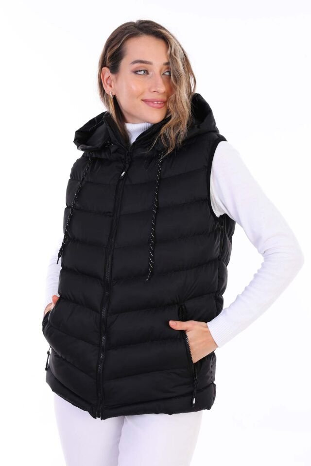 Kadın Jel Dolgulu Çıkartılabilen Fermuarlı Kapüşon Boydan Fermuarlı Şişme Yelek/Siyah