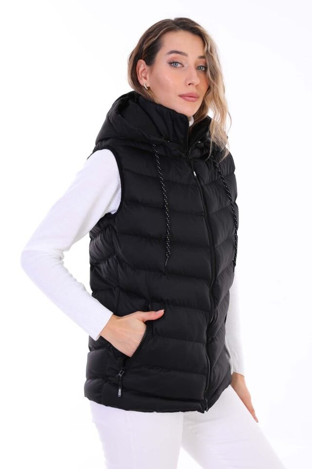 Kadın Jel Dolgulu Çıkartılabilen Fermuarlı Kapüşon Boydan Fermuarlı Şişme Yelek/Siyah