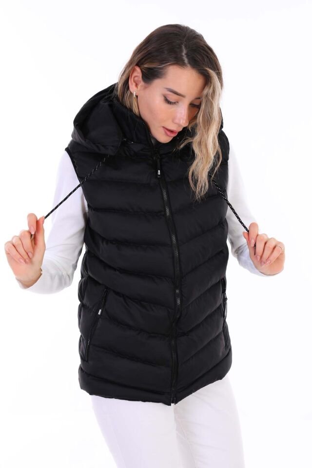 Kadın Jel Dolgulu Çıkartılabilen Fermuarlı Kapüşon Boydan Fermuarlı Şişme Yelek/Siyah