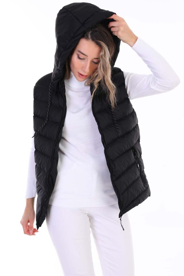 Kadın Jel Dolgulu Çıkartılabilen Fermuarlı Kapüşon Boydan Fermuarlı Şişme Yelek/Siyah