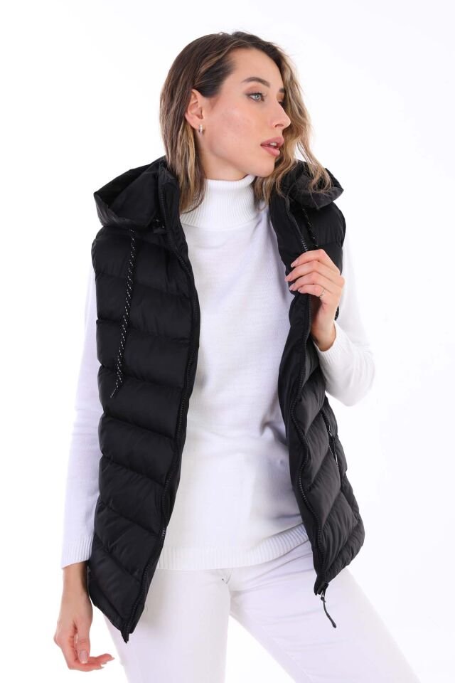 Kadın Jel Dolgulu Çıkartılabilen Fermuarlı Kapüşon Boydan Fermuarlı Şişme Yelek/Siyah