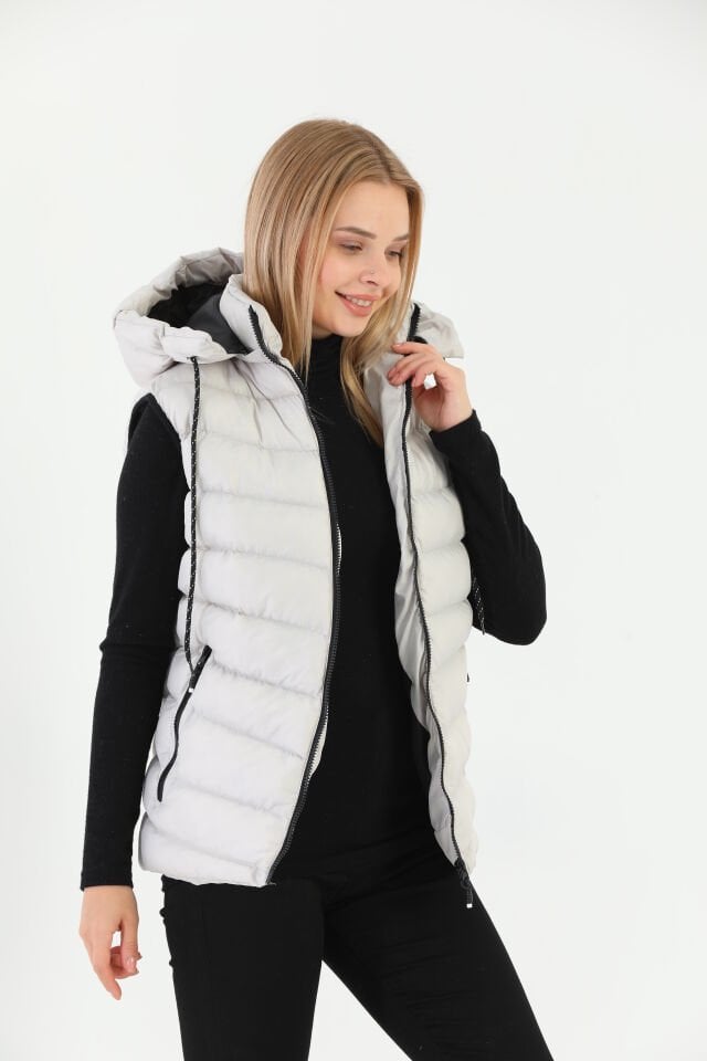 Kadın Jel Dolgulu Çıkartılabilen Fermuarlı Kapüşon Boydan Fermuarlı Şişme Yelek/ Kırık Beyaz