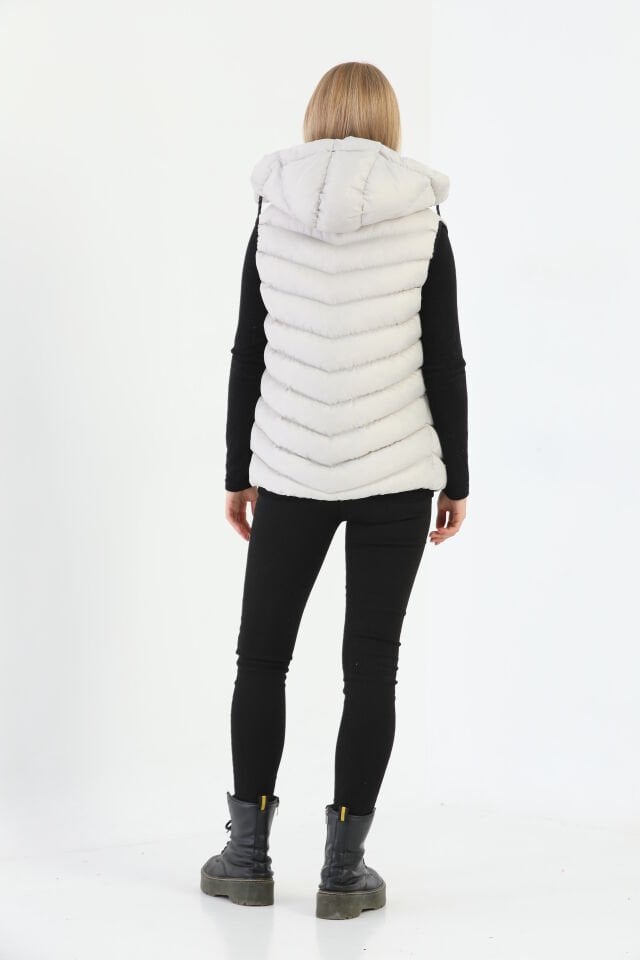 Kadın Jel Dolgulu Çıkartılabilen Fermuarlı Kapüşon Boydan Fermuarlı Şişme Yelek/ Kırık Beyaz