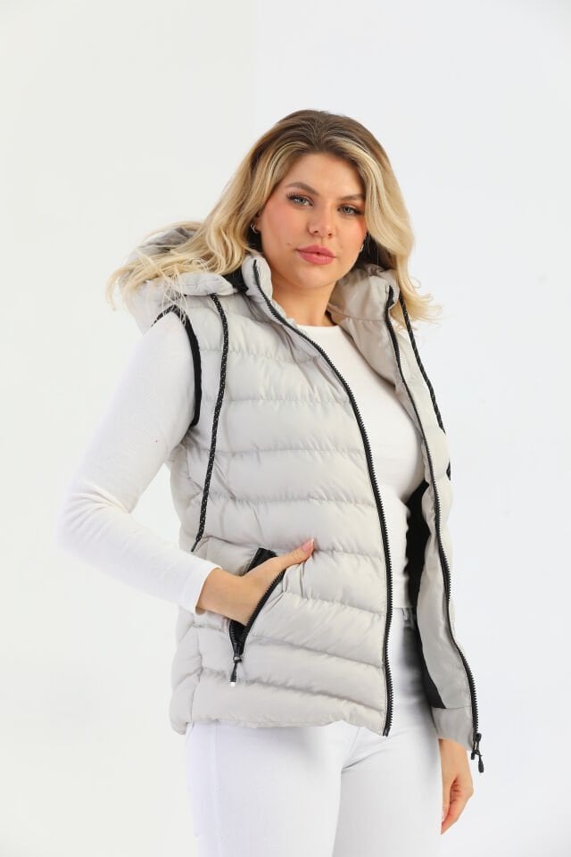 Kadın Jel Dolgulu Çıkartılabilen Fermuarlı Kapüşon Boydan Fermuarlı Şişme Yelek/ Kırık Beyaz