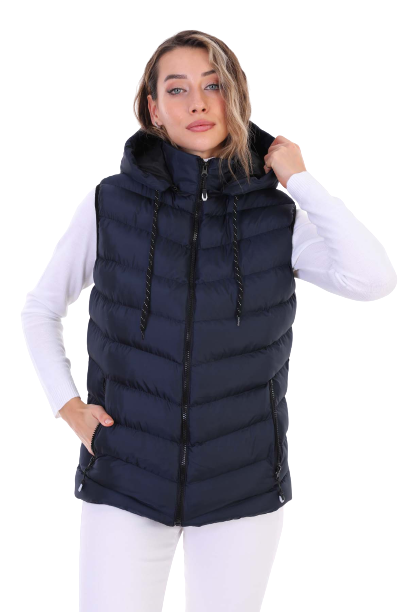 Kadın Jel Dolgulu Çıkartılabilen Fermuarlı Kapüşon Boydan Fermuarlı Şişme Yelek /Lacivert
