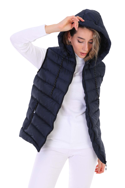 Kadın Jel Dolgulu Çıkartılabilen Fermuarlı Kapüşon Boydan Fermuarlı Şişme Yelek /Lacivert