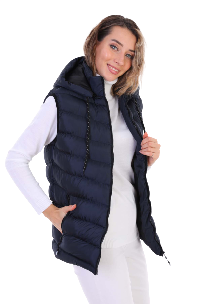 Kadın Jel Dolgulu Çıkartılabilen Fermuarlı Kapüşon Boydan Fermuarlı Şişme Yelek /Lacivert