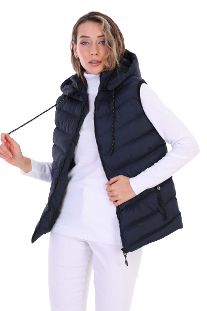 Kadın Jel Dolgulu Çıkartılabilen Fermuarlı Kapüşon Boydan Fermuarlı Şişme Yelek /Lacivert