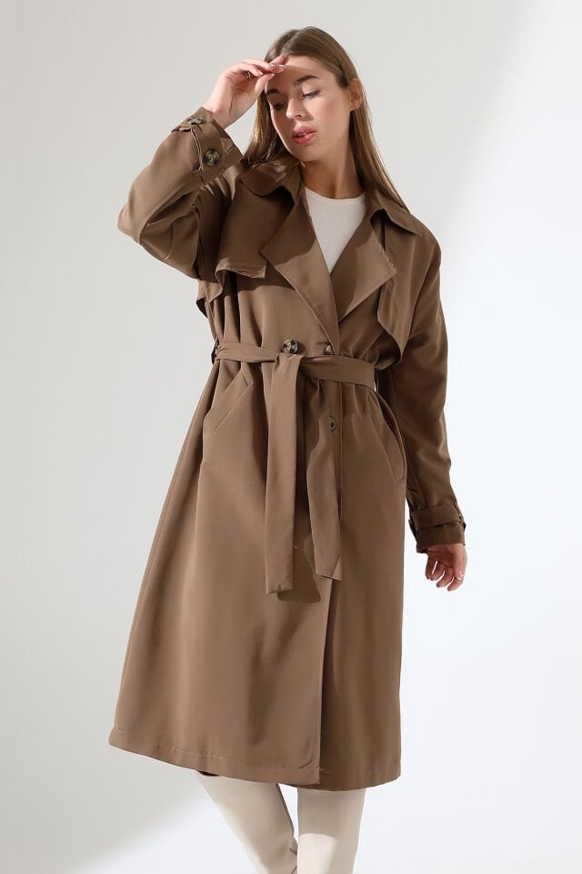 Amazon Keten Kumaş Astarlı Diz Altı Robalı Degaje Yaka  kemerli Trençkot