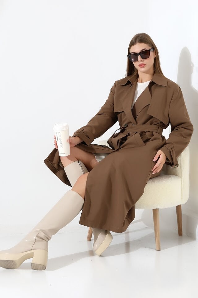 Amazon Keten Kumaş Astarlı Diz Altı Robalı Degaje Yaka  kemerli Trençkot