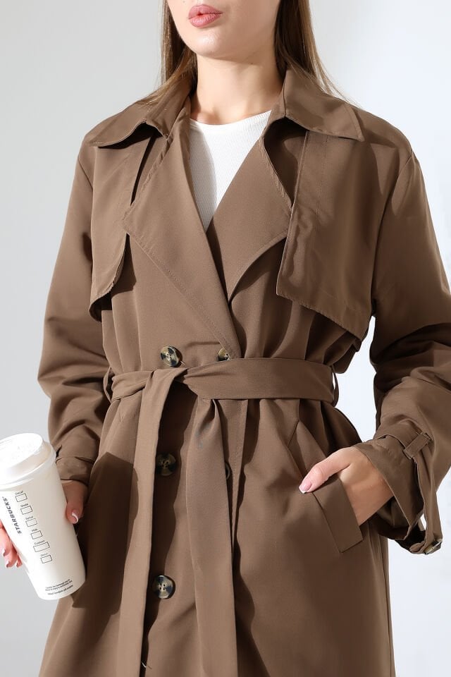 Amazon Keten Kumaş Astarlı Diz Altı Robalı Degaje Yaka  kemerli Trençkot