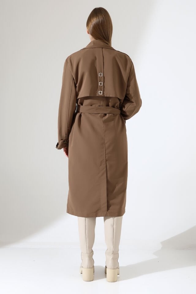 Amazon Keten Kumaş Astarlı Diz Altı Robalı Degaje Yaka  kemerli Trençkot