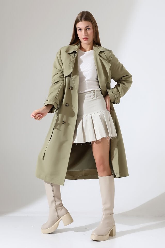 Amazon Keten Kumaş Astarlı Diz Altı Degaje Yaka Kemerli Trençkot