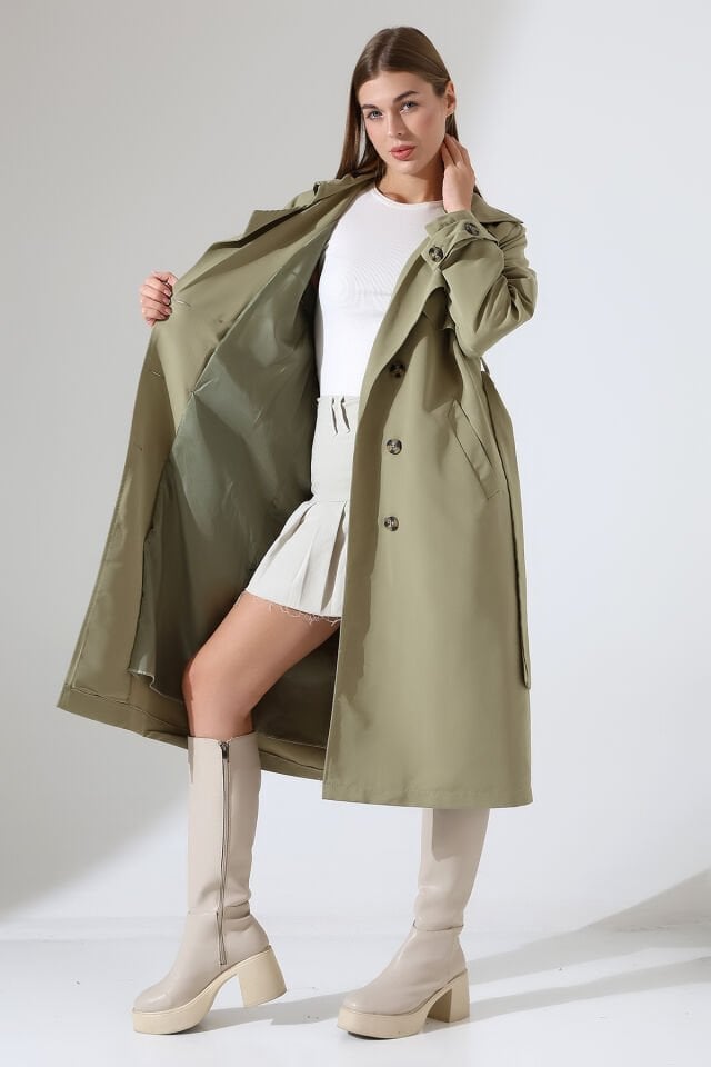 Amazon Keten Kumaş Astarlı Diz Altı Degaje Yaka Kemerli Trençkot