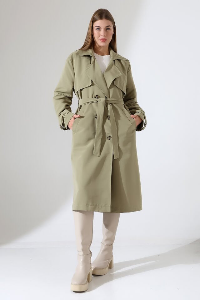 Amazon Keten Kumaş Astarlı Diz Altı Degaje Yaka Kemerli Trençkot