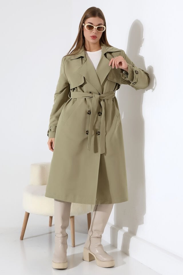 Amazon Keten Kumaş Astarlı Diz Altı Degaje Yaka Kemerli Trençkot