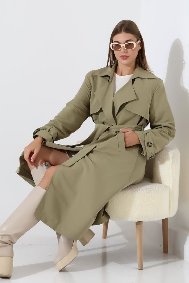 Amazon Keten Kumaş Astarlı Diz Altı Degaje Yaka Kemerli Trençkot