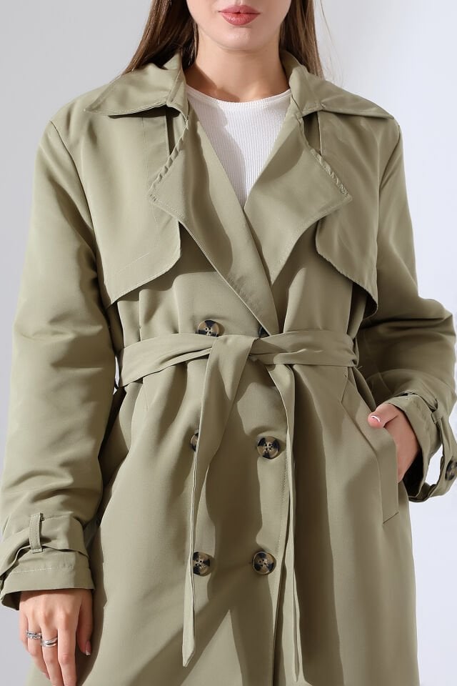 Amazon Keten Kumaş Astarlı Diz Altı Degaje Yaka Kemerli Trençkot