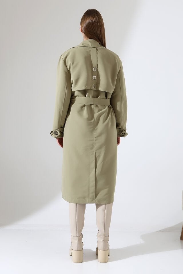 Amazon Keten Kumaş Astarlı Diz Altı Degaje Yaka Kemerli Trençkot