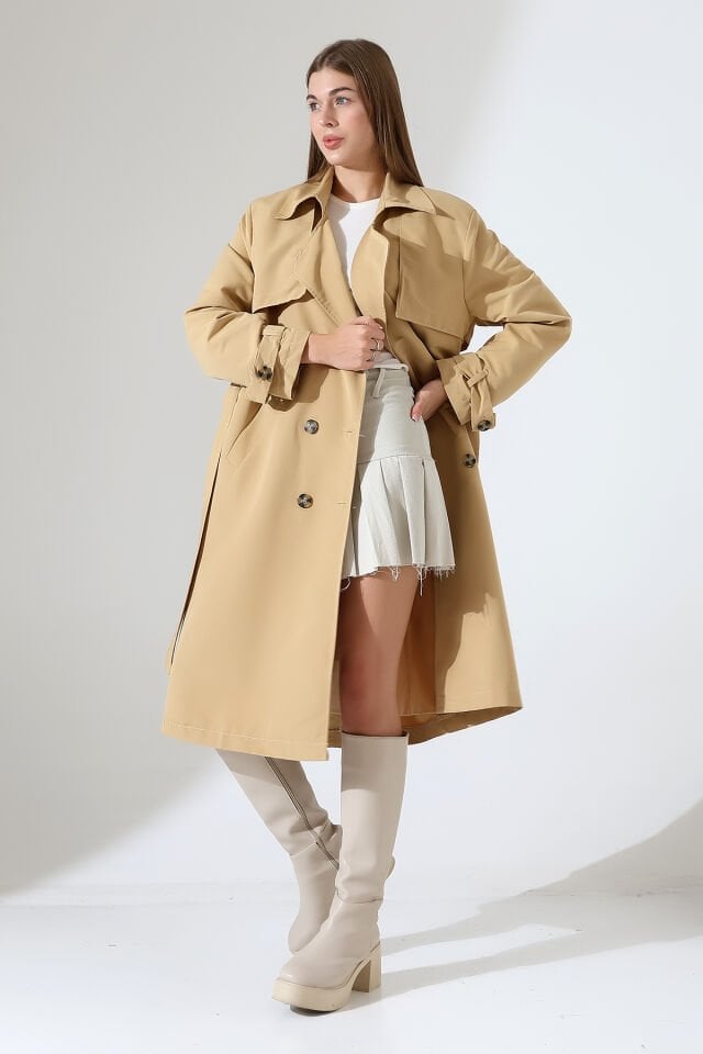 Amazon Keten Kumaş Astarlı Diz Altı Robalı Degaje Yaka Kemerli Trençkot