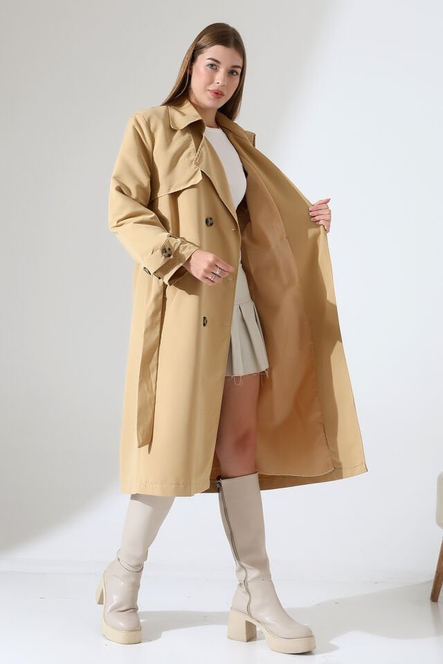 Amazon Keten Kumaş Astarlı Diz Altı Robalı Degaje Yaka Kemerli Trençkot