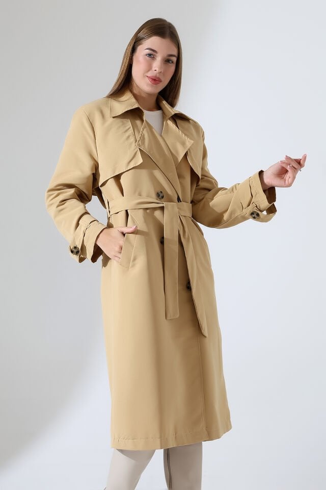 Amazon Keten Kumaş Astarlı Diz Altı Robalı Degaje Yaka Kemerli Trençkot