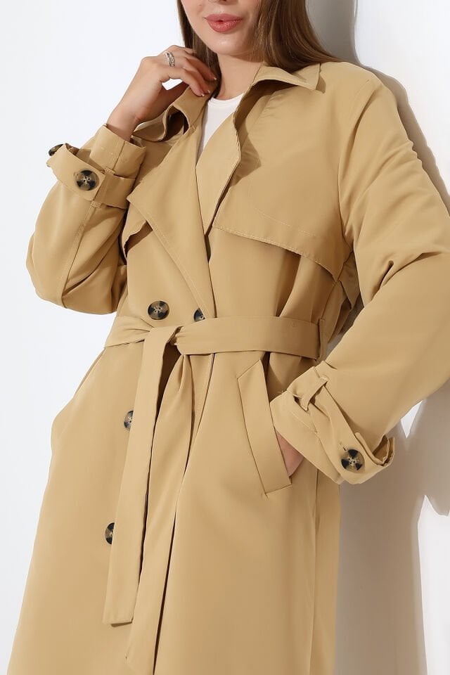 Amazon Keten Kumaş Astarlı Diz Altı Robalı Degaje Yaka Kemerli Trençkot