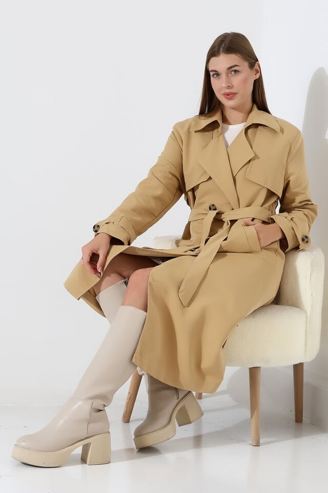 Amazon Keten Kumaş Astarlı Diz Altı Robalı Degaje Yaka Kemerli Trençkot