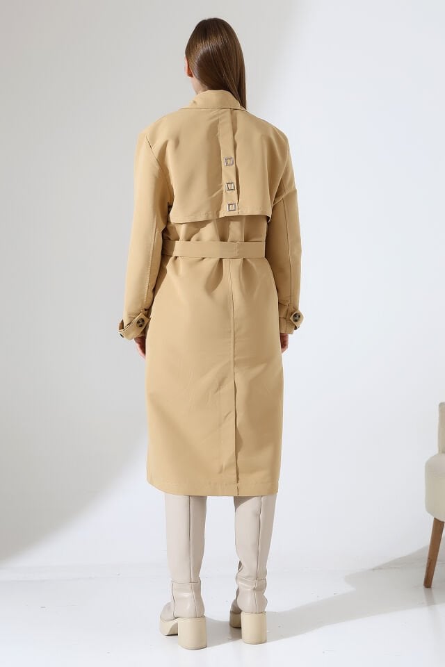 Amazon Keten Kumaş Astarlı Diz Altı Robalı Degaje Yaka Kemerli Trençkot