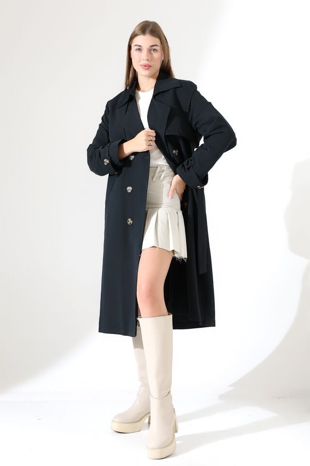 Amazon Keten Kumaş Astarlı Diz Altı Robalı Degaje Yaka Kemerli Trençkot