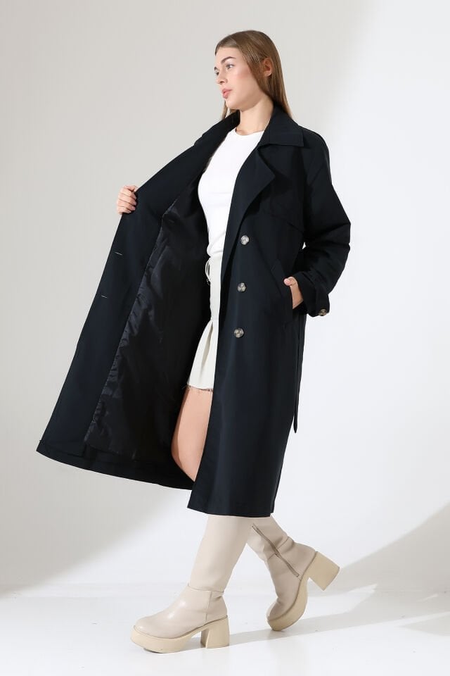 Amazon Keten Kumaş Astarlı Diz Altı Robalı Degaje Yaka Kemerli Trençkot