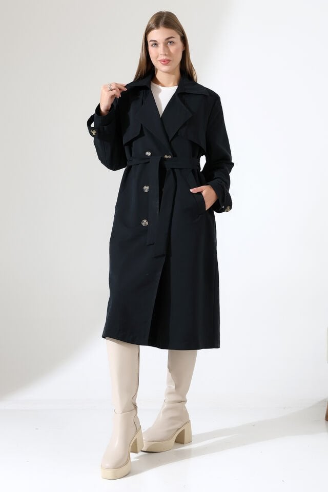 Amazon Keten Kumaş Astarlı Diz Altı Robalı Degaje Yaka Kemerli Trençkot