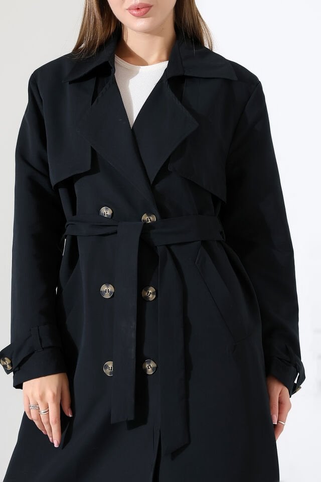 Amazon Keten Kumaş Astarlı Diz Altı Robalı Degaje Yaka Kemerli Trençkot