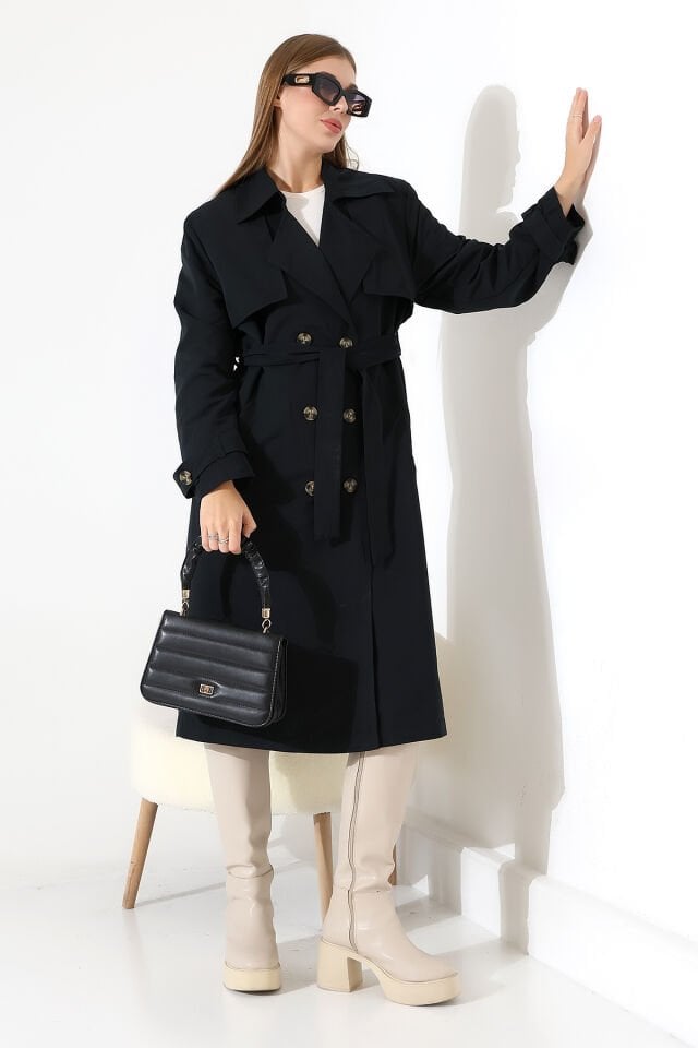 Amazon Keten Kumaş Astarlı Diz Altı Robalı Degaje Yaka Kemerli Trençkot