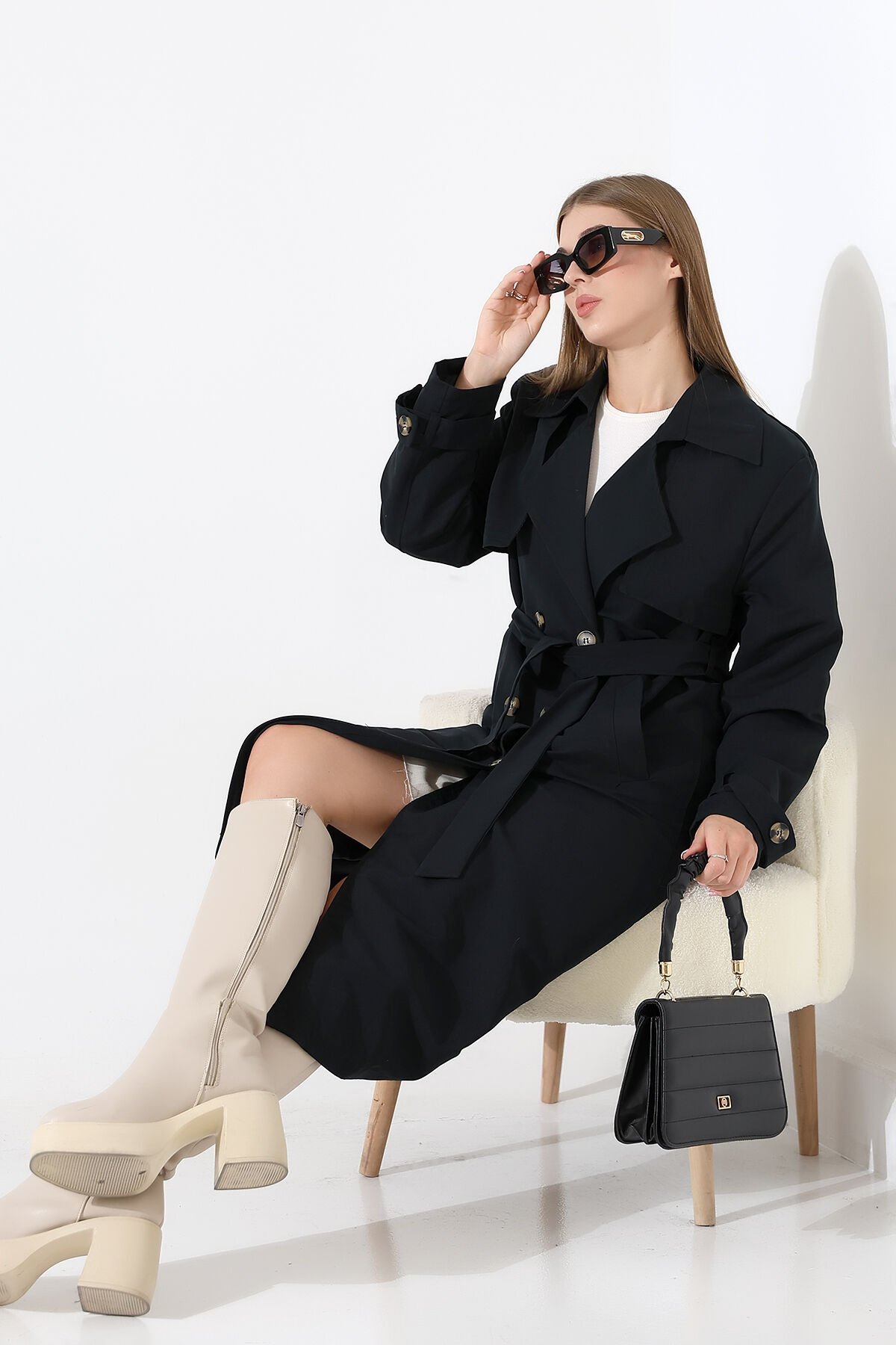 Amazon Keten Kumaş Astarlı Diz Altı Robalı Degaje Yaka Kemerli Trençkot