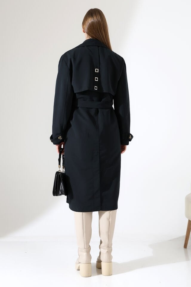 Amazon Keten Kumaş Astarlı Diz Altı Robalı Degaje Yaka Kemerli Trençkot