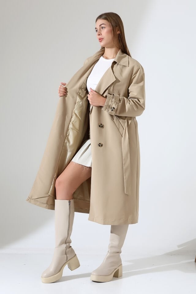 Amazon Keten Kumaş Astarlı Diz Altı Robalı Degaje Yaka Kemerli Trençkot