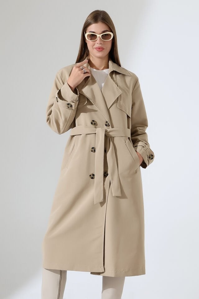 Amazon Keten Kumaş Astarlı Diz Altı Robalı Degaje Yaka Kemerli Trençkot